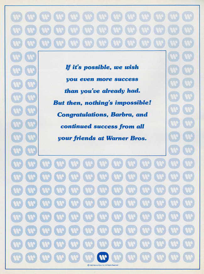 Warner Brothers congratulatory ad