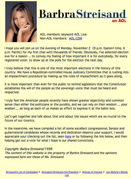 original AOL page showing upcoming Streisand chat